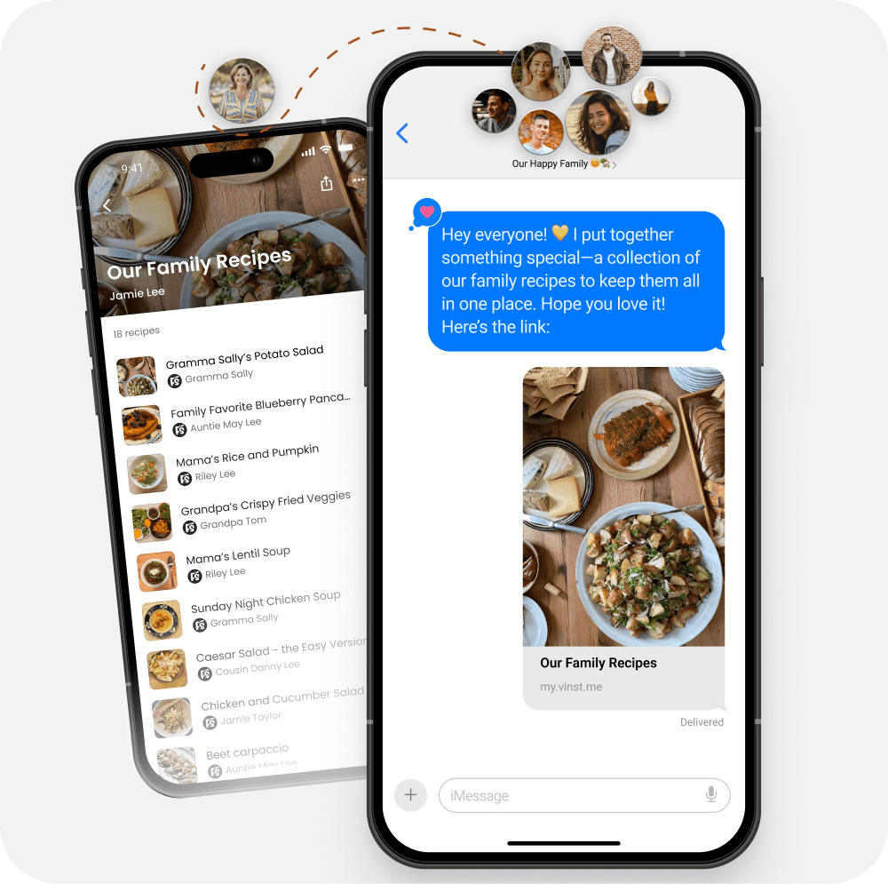 A recipe collection being shared with family in a message thread
